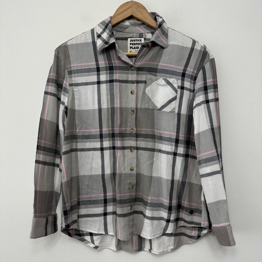 Justice Plaid Pink and Gray Flannel Size 14